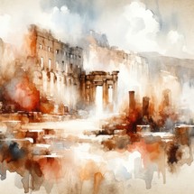 Digital watercolor painting of ancient temple. Ancient Biblical Lanscape. 