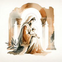 Nativity. Mother Mary and Baby Jesus. Watercolor illustration, architecture details
