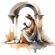 Mary and baby Jesus under an arch. Watercolor painting on white background
