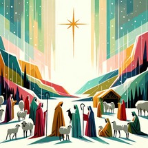 Christmas Nativity Scene. The shepherds visiting Jesus. Colorful artwork