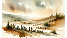 Judean Ministry of Jesus. Biblical. Christian religious watercolor Illustration