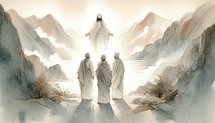 The greatest miracle: Transfiguration of Jesus. llustration of Jesus appearing bright to Peter, James and John on a mountain. Digital watercolor painting.