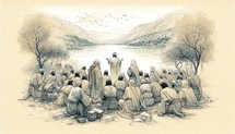 Jesus preaching in Galilee and gathering his disciples. Life of Jesus. Digital illustration. 

