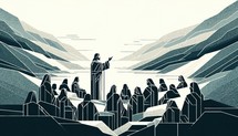 Jesus preaching in Galilee and gathering his disciples. Life of Jesus. Digital illustration. Vector illustration in retro style

