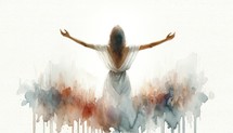 Silhouette of a woman with raised hands in worship on watercolor background.