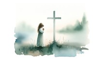 Illustration of a little girl praying in front of a cross