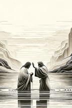 Jesus is baptized by John the Baptist in the Jordan River. Digital illustration.

