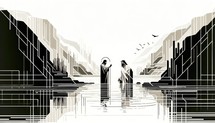 Jesus is baptized by John the Baptist in the Jordan River. Vector illustration.

