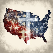 Cross over United States of America map with flag and grunge textured background