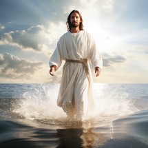 Jesus walks on water, a miraculous event captured amidst the tranquility of nature.