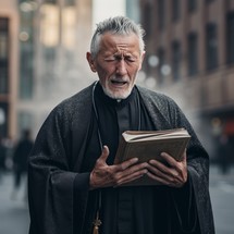 A monk in traditional attire stands on a bustling city street, engrossed in a well-worn Bible