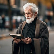 A monk with a white beard stands on a busy city street, deeply engrossed in reading the Bible