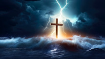 Christian cross in stormy sea. Lightning, clouds and waves in background