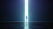 a man standing in a beam of light 