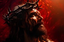 Jesus with crown of thorns and red background