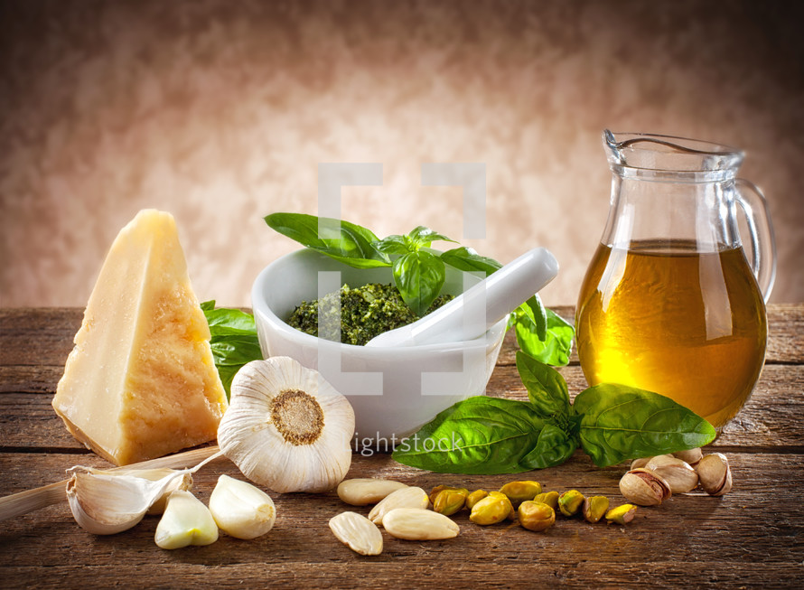 ingredients for italian pesto sauce (pesto alla genovese)