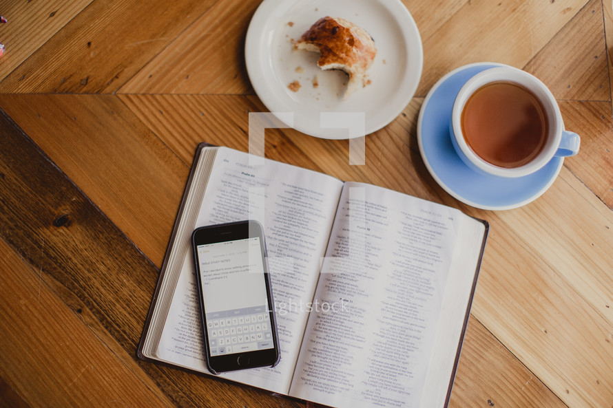 app, Bible study, study notes, Bible, pages, coffee cup, pastry, danish, plate