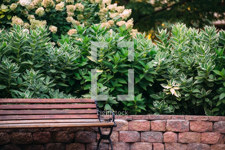 a bench in front of a stone wall in a garden 