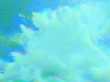 Wavy line glitch effect with clouds in green and blue