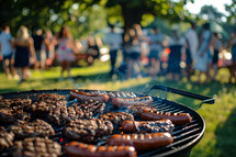 Hamburgers and hotdogs on a grill with people in the background