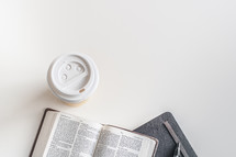 coffee cup, overhead, open Bible, Bible, pages, journal, table, desk