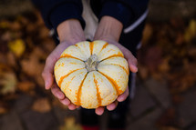 a person holding a striped pumpkin 