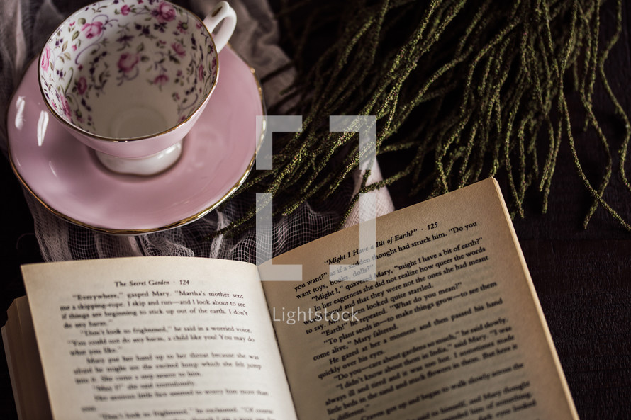 tea cup and open book 
