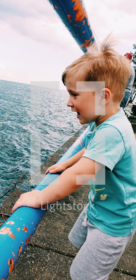 toddler boy looking over a railing at water below 