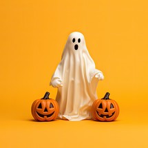Halloween ghost with pumpkins on orange background. 3d rendering