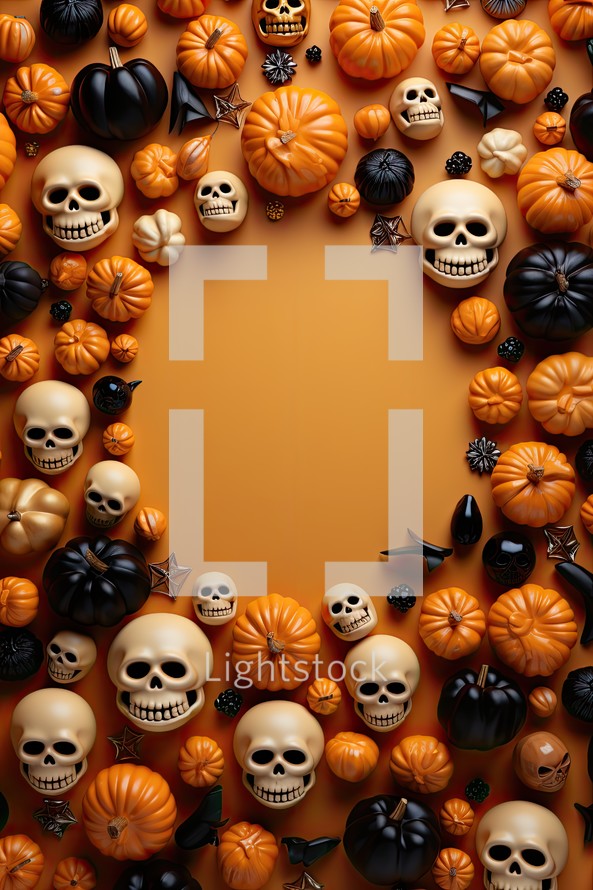 Halloween background with pumpkins and spiders on orange background, top view