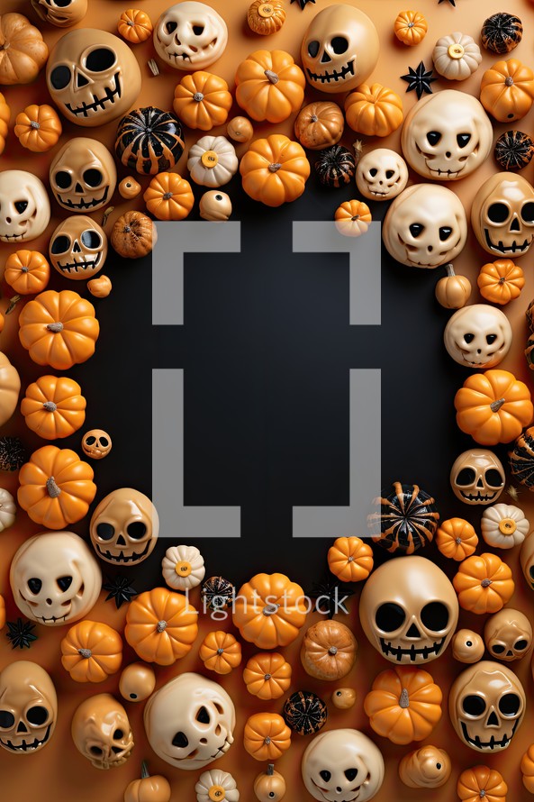 Halloween background with pumpkins and spiders. Top view. Copy space.