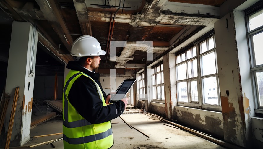 Engineer working on a building site with tablet computer in a construction site