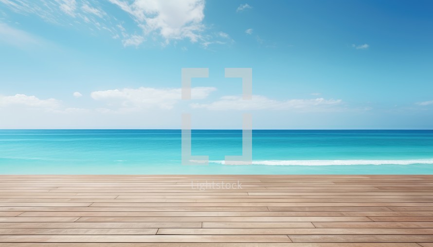 Wooden deck with sea and sky background