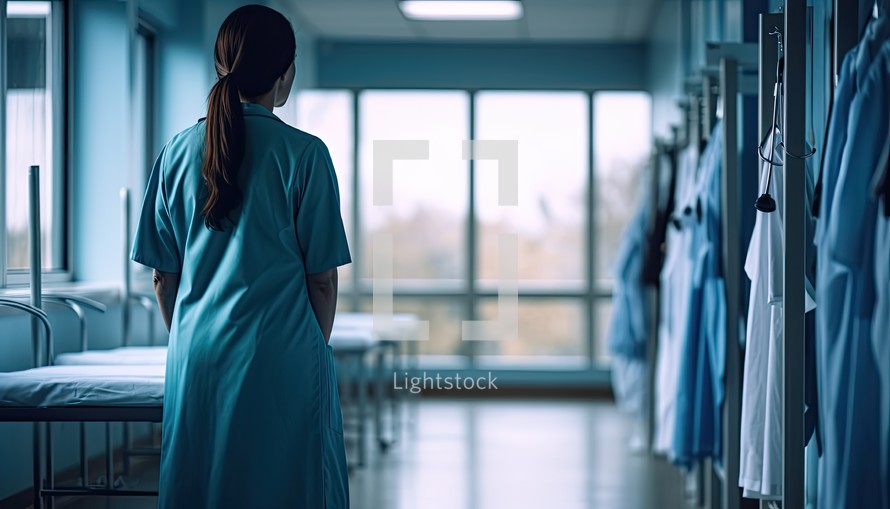 Rear view of a female nurse standing in a hospital corridor.