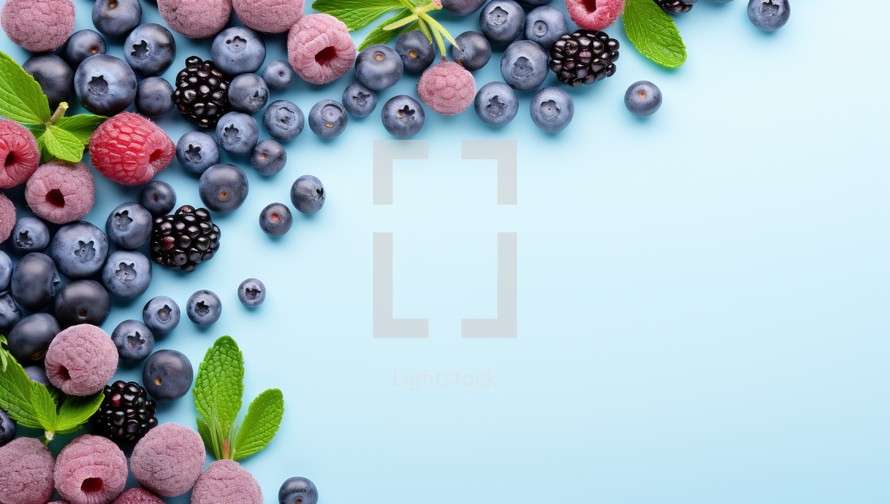 Blueberry, blackberry, raspberry and mint leaves on blue background