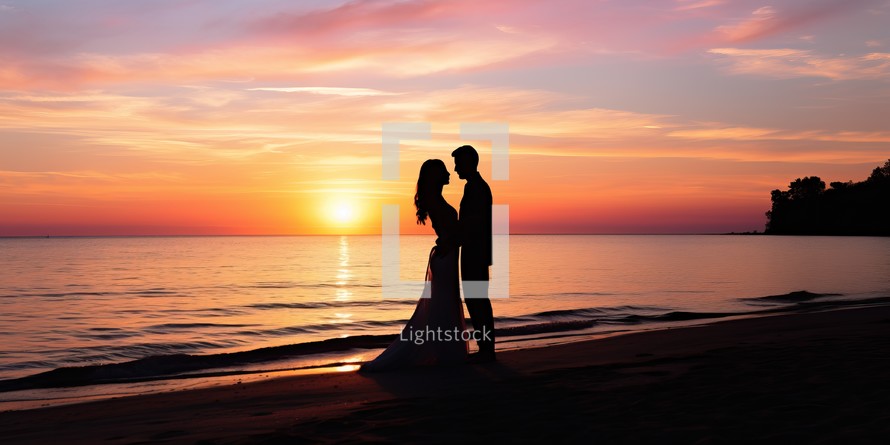 Silhouette of a bride and groom on the beach at sunset
