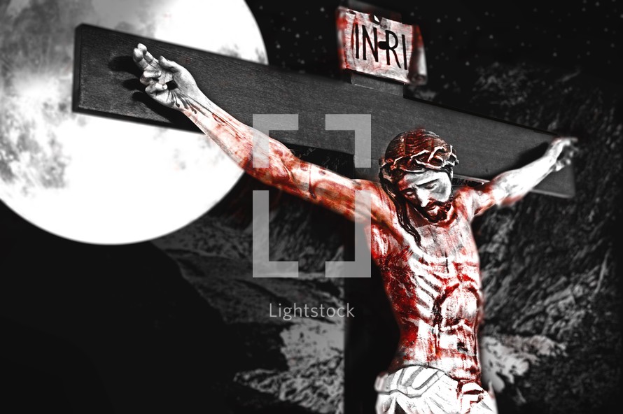 Drawing of blood-covered Jesus on the cross with the moon.