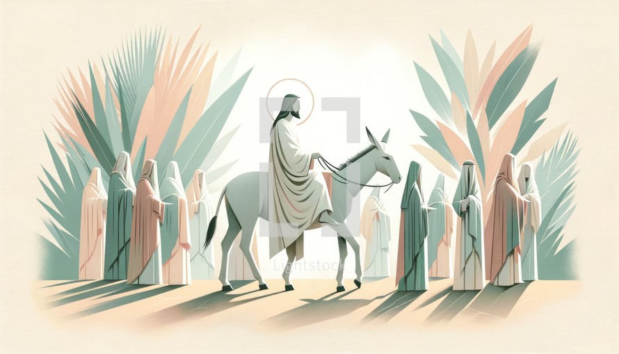 Jesus entering in Jerusalem. Palm Sunday. New Testament. Watercolor Biblical Illustration	