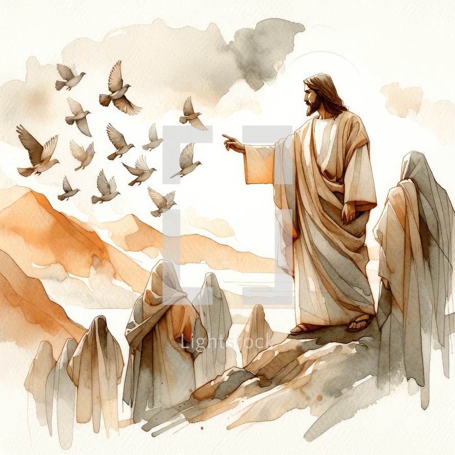 Look at the birds. Jesus Christ on the mountain showing to people the flock of birds. Watercolor illustration.