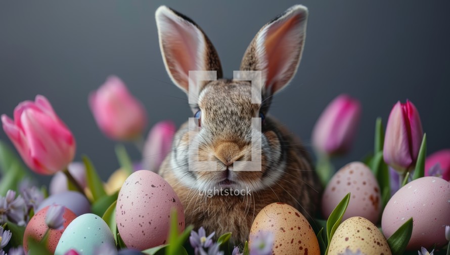 Easter Bunny Surrounded by Colorful Tulips and Easter Eggs