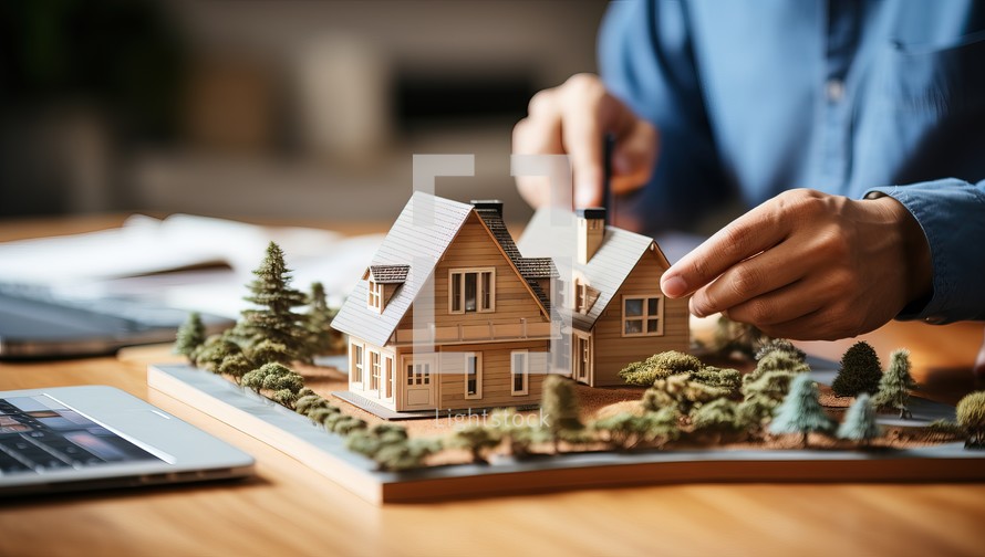 Close-up of real estate agent holding model of house on table