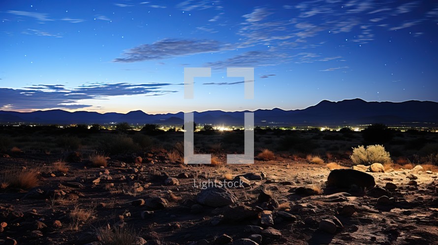 Desert landscape at night with starry sky and mountains in the background