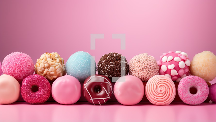 Variety of colorful candies on pink background with copy space.