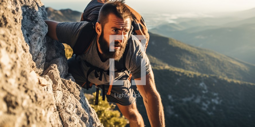 Handsome bearded man climbing on a rock in the mountains.