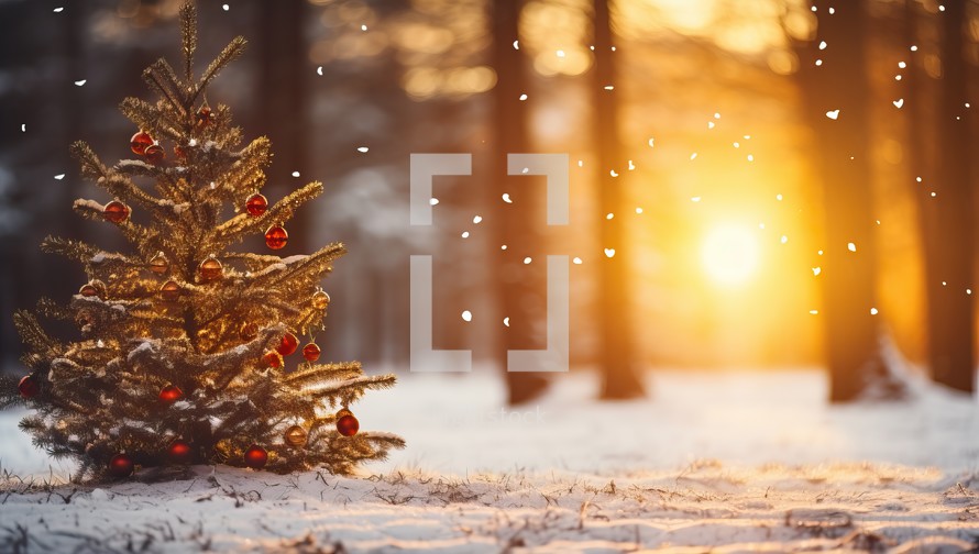Christmas tree in winter forest at sunset. Christmas and New Year concept.