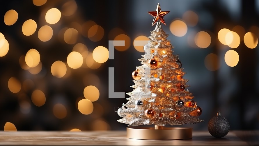Christmas tree on wooden table against defocused lights.