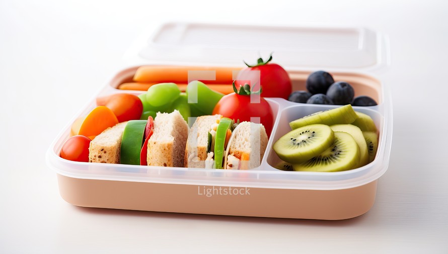 Healthy lunch box with fruits and vegetables isolated