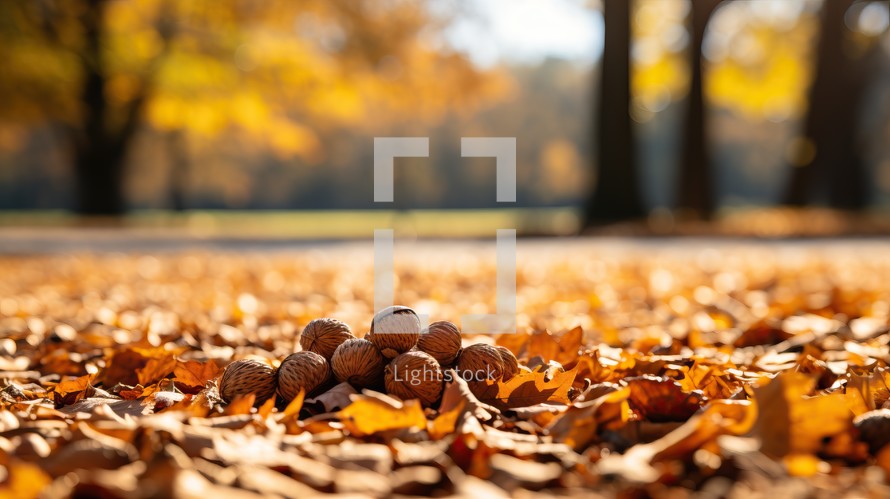 Autumn background with walnuts on the ground in the park.