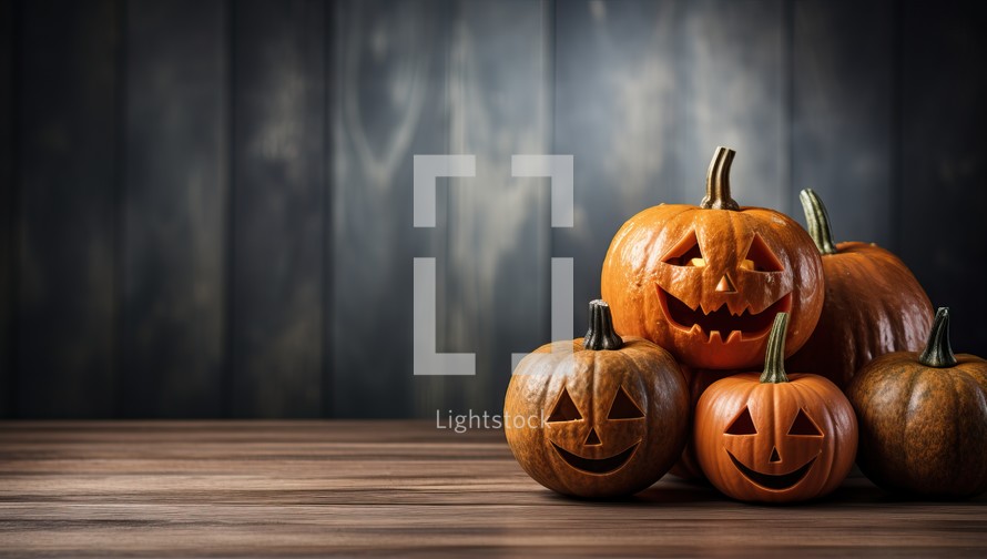 Halloween pumpkins on wooden background with copy space for your text