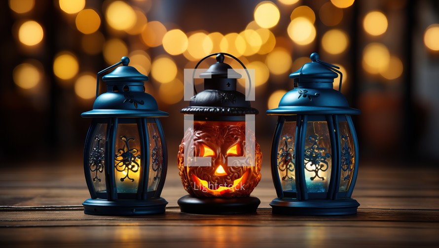 Halloween lanterns on wooden table with bokeh background.